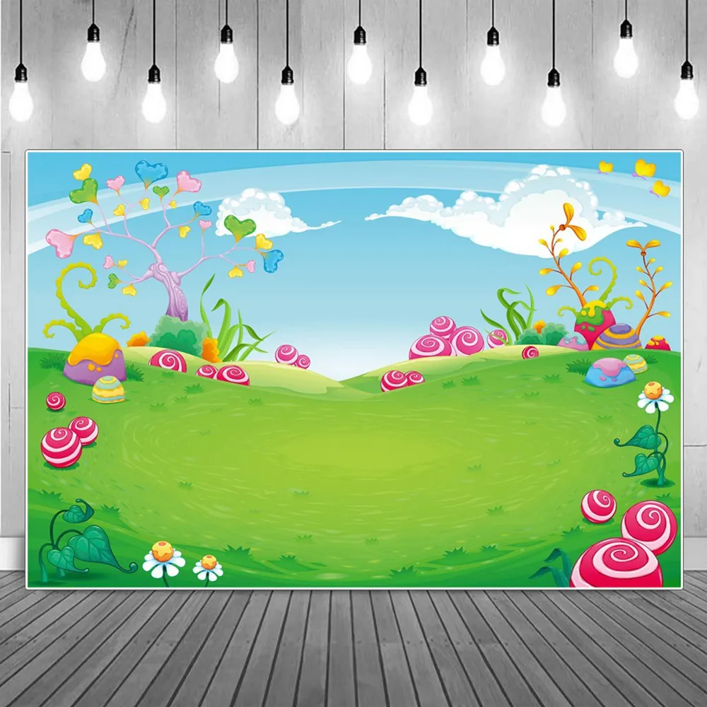 

Photography Backdrop Candy Bar Cake Birthday Decoration Baby Fairy Forest Heats Tree Green Grass Party Studio Photo Backgrounds