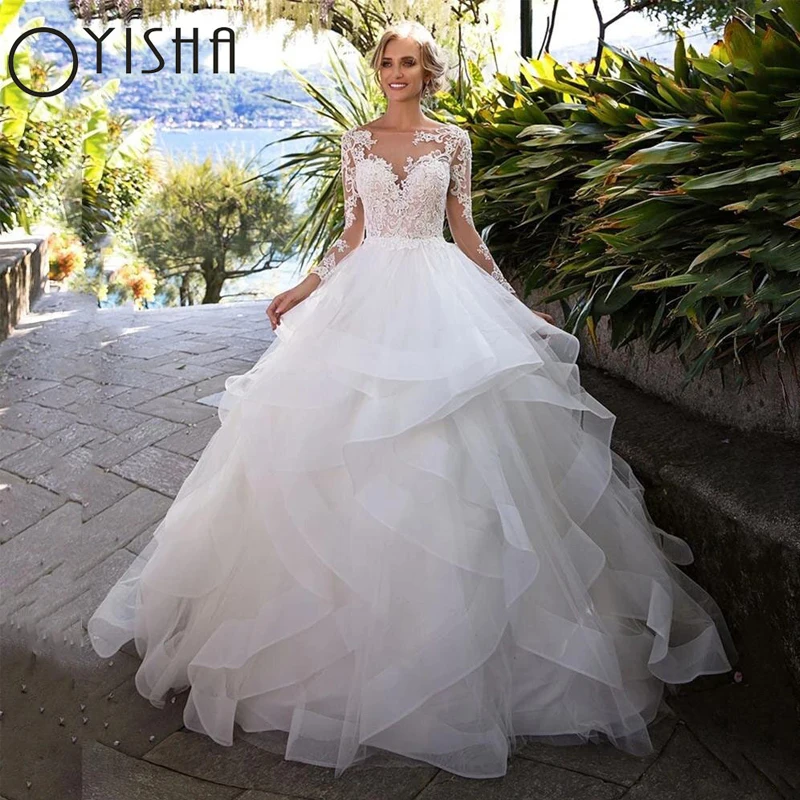 

OYISHA Charming Tulle Princess Wedding Dress Lace Appliques Long Sleeves Bridal Gowns Sweep Train Backless Vestido De Noiva 2023