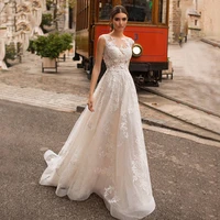 elegant sleeveless wedding dress 2022 boho o neck lace appliques bridal gown illusion tulle button sweep train vestido de noiva