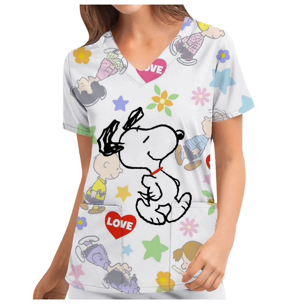 Карманная женская футболка униформа медсестры с v-образным вырезом Y2k одежда Snoopy