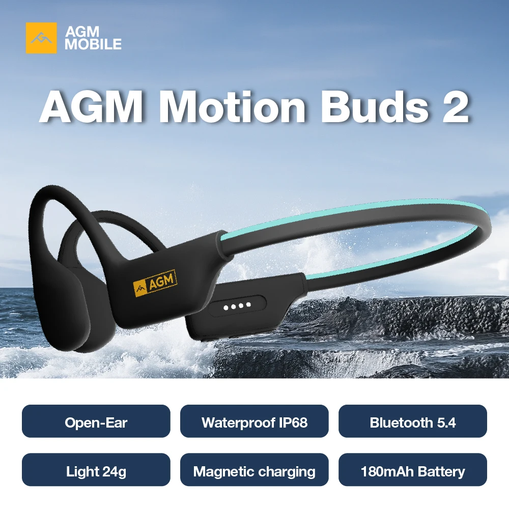 Фото AGM Motion Buds 2, наушники с костной проводимостью, водонепроницаемые, IP68, обучение плаванию, магнитная зарядка, гарнитуры со световой полосой №1