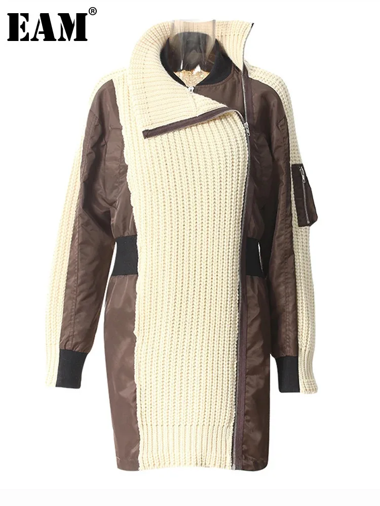 [EAM] Бежевый длинный вязаный кардиган большого размера с v-образным вырезом и