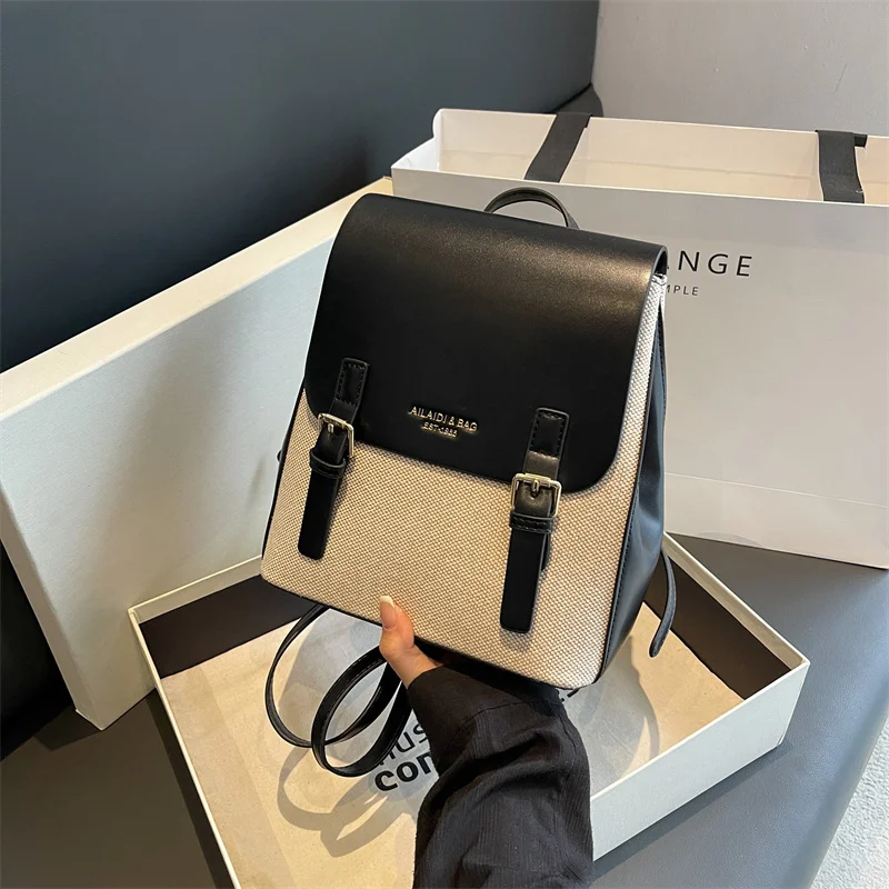 

Retro Fashion Woman Backpack Pu Leather with Nylon School Bags for Teenagers Girls 2023 New Designer Hand Shoulder