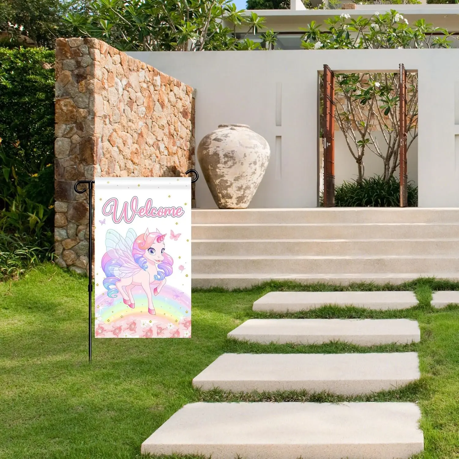 Единорог Добро пожаловать Садовый флаг - Welocm Домашняя вечеринка Дверной знак