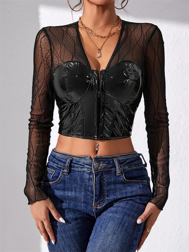 

Кроп-Топ женский из ПУ кожи, с длинным рукавом и V-образным вырезом