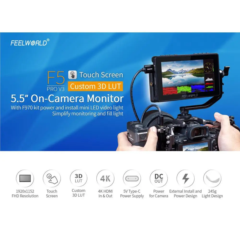 Фото FEELWORLD F5 PRO V4 6-дюймовый сенсорный экран 3D LUT Field Monitor DSLR-камера с внешним комплектом питания F970 Входной выход HDMI 4K №2
