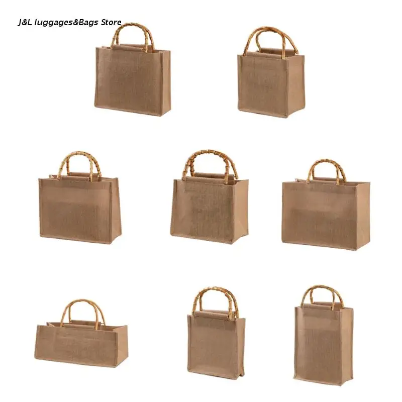 

Portable Burlap Jute Shopping Bag Handbag Bamboo Loop Handles Reusable Tote