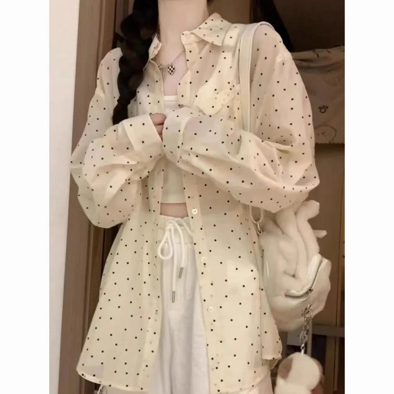 Женская рубашка в горошек средней длины тонкое свободное Бандажное платье