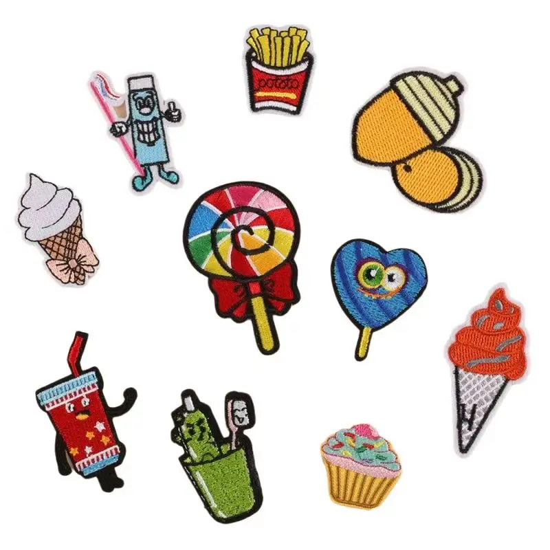 

50pcs/lot Luxury Anime Embroidery Patch Letter Clothing Decoration Accessory Fried Chip Ice Cream Lollipop Drink Craft Applique