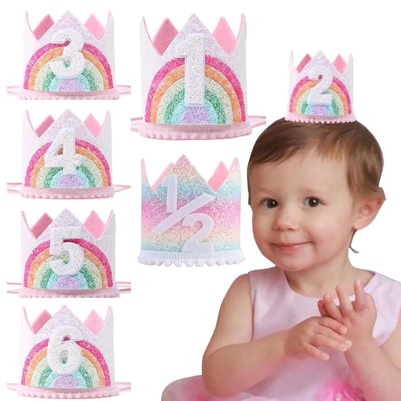 

Baby Rainbow Half 2nd Party Crown Hats Bebe Golden Sequins Lace 1 Year Birthday Caps Headband Kids Princess Party Hat Supplies