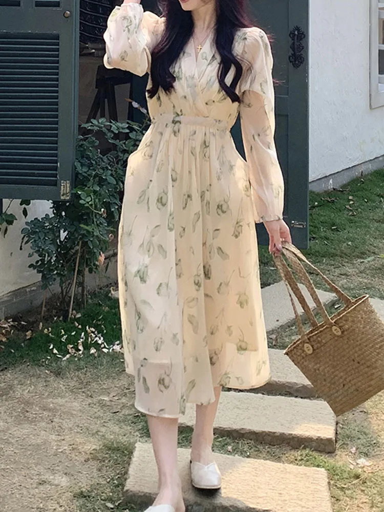 

Женское шифоновое платье с V-образным вырезом и длинным рукавом