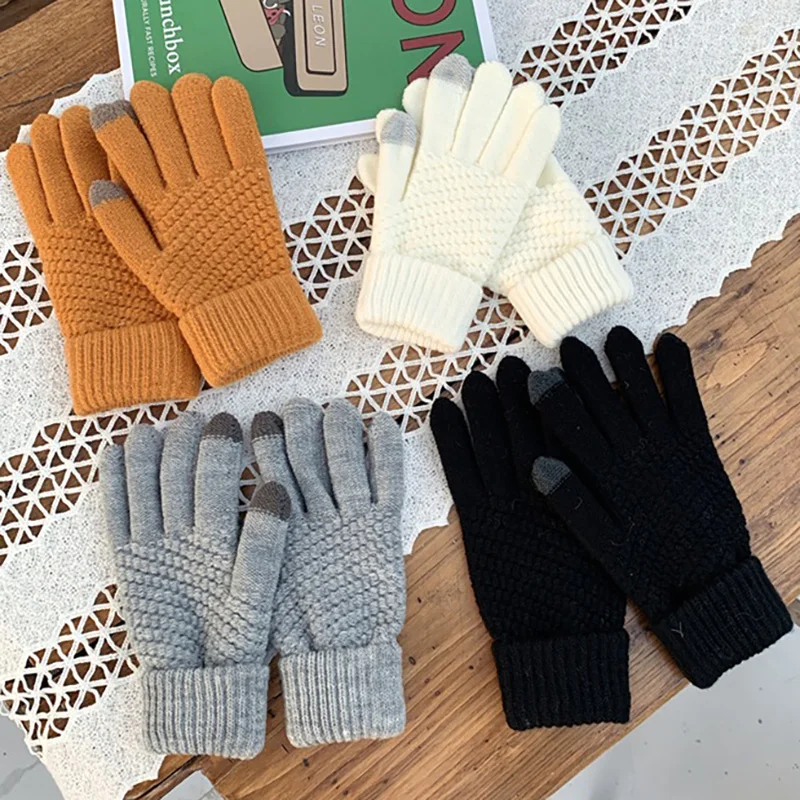 

1pair Women Winter Warm Knitting Wool Thick Gloves for Female Full Finger Touch Screen Gloves Men Women Cycling Driving Gloves
