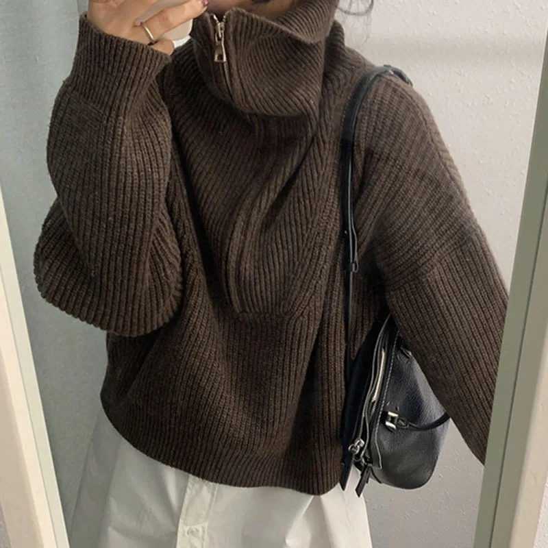 

Женский трикотажный свитер-водолазка на молнии, с длинным рукавом