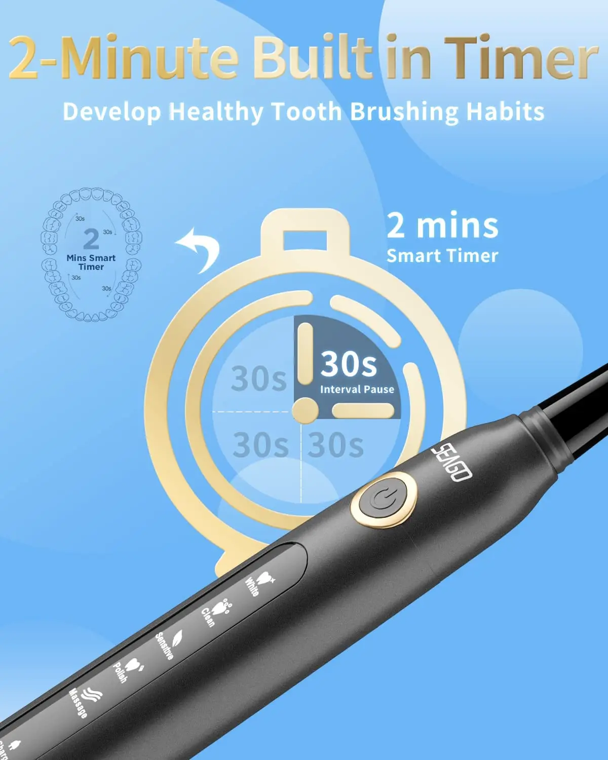Seago Sonic Electric Toothbrush SG-507 for Adult Timer Brush 5 Modes Micro USB Rechargeable Tooth Brush Replacement Heads Set