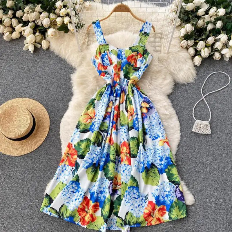 

WEIHAOBANG 2022 Summer Women's New Printed Suspender One Shoulder Sleeveless Backless High Waist Casual Medium Long Dress
