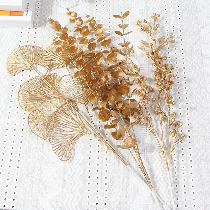 

NEW2023 1PC Gold Artificial Plants Holly Ginkgo Eucalyptus Leaf Fake Flowers Wedding Decorations Home Room Table Decor New Year