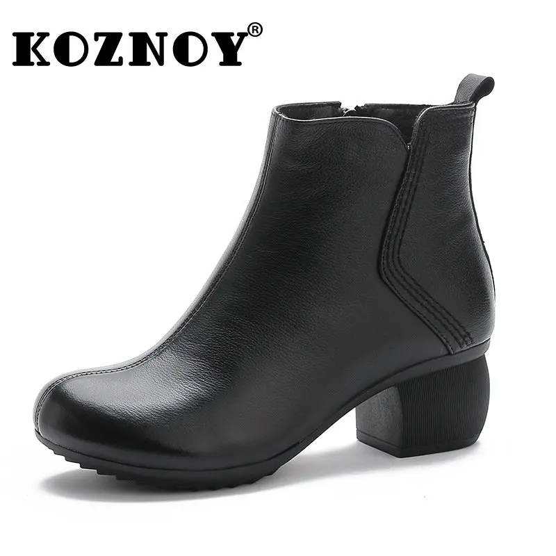 

Koznoy New Retro Sewing 5cm Genuine Leather Mid Calf Boots Ethnic Autumn Winter Comfy Women Plush Ladies Warm Fur Concise Shoes