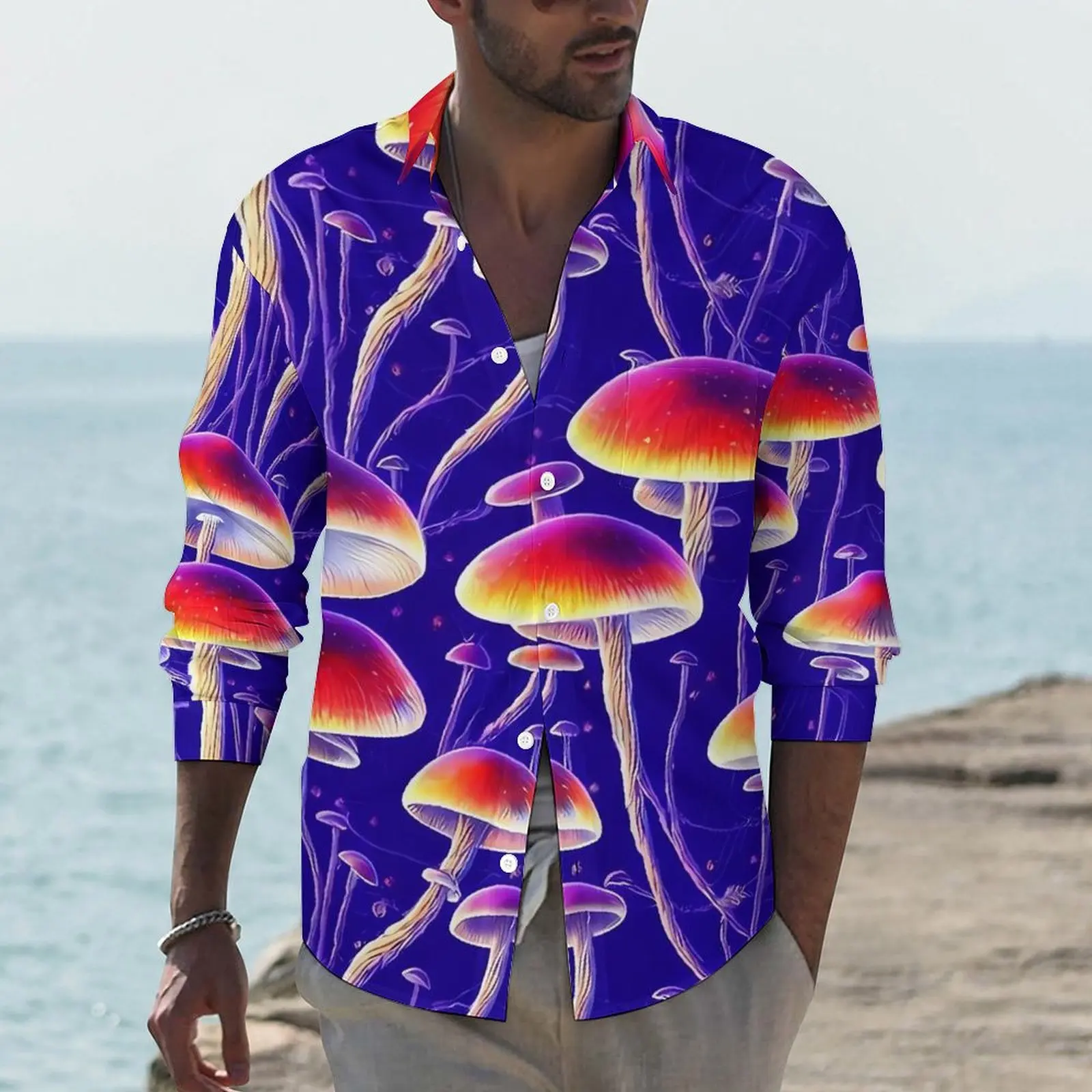 

Magic Mushrooms Shirt Mushroom Print Casual Shirts Long Sleeve Custom Aesthetic Blouses Spring Trending Oversized Clothes