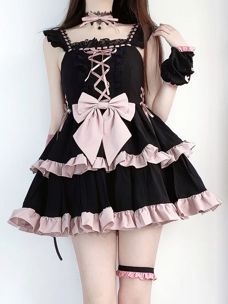 

Японское кавайное платье лолиты для девочек, уличное готическое Лолита в стиле Харадзюку, черное платье на бретелях, Бандажное платье принц...