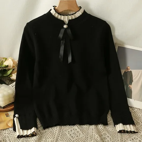 Neploe пуловеры с полувысоким воротником и бантом, модные топы с низом, женские топы Y2k, искусственный свитер из двух предметов с длинными рукавами Mujer