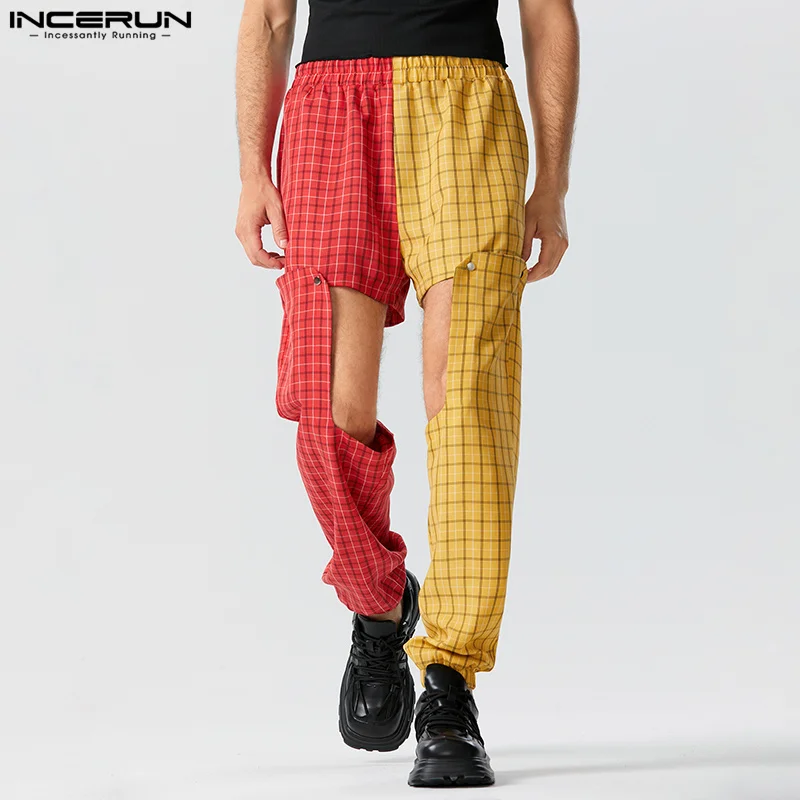 

INCERUN Men Pants Plaid Patchwork Elastic Waist Joggers Loose Hollow Out Trousers Men Streetwear 2023 Irregular Pants S-5XL