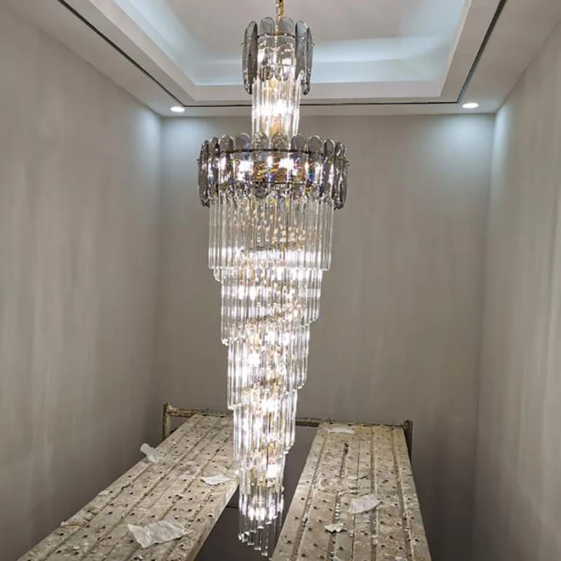 

Modern Chandelier in the Hall Lobby Living Room Long Hanging Lamp Smoky Gray Top Crystal Lights Loft Indoor Lighting