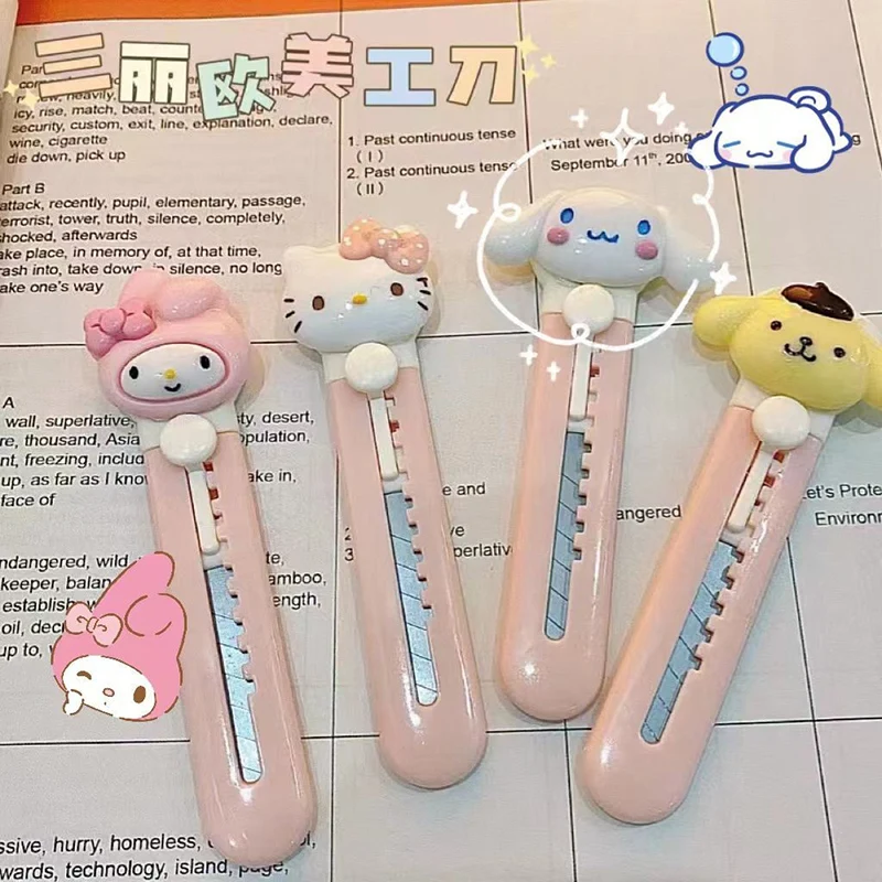 

Kawaii Sanrios Utility Knife Kitty My Melody Cinnamoroll Pompom Purin Cartoon Portable Paper Cutter Unboxing Artifact Knife