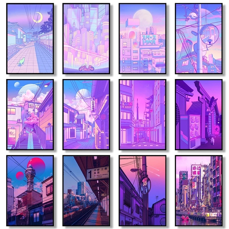 

Настенный постер «Ночной город» в стиле поп киоту, башня Осака, городская улица, полуночная башня, розовая Картина на холсте, домашний милый Декор для комнаты