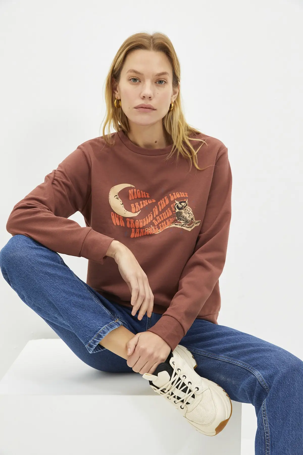 

Women's Sweatshirt Brown Printed Basic Slim Knitted Hoodies Fashion All Season New Designer Pullovers Fleece Hoodies