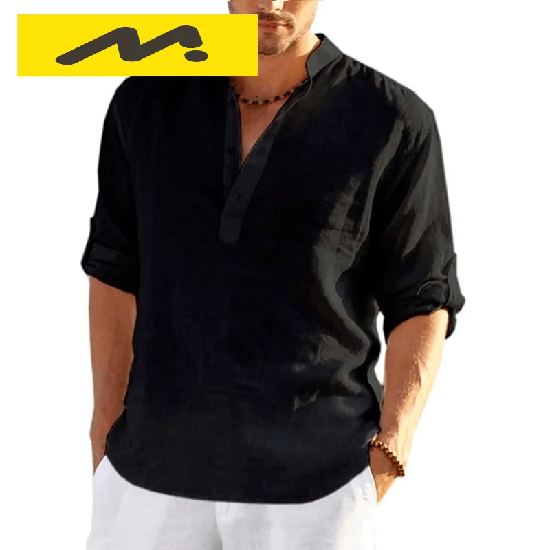 

New Men's Linen Long Sleeve Shirt Solid Color Casual Long Sleeve Cotton Linen Shirt Tops Size S-5XL