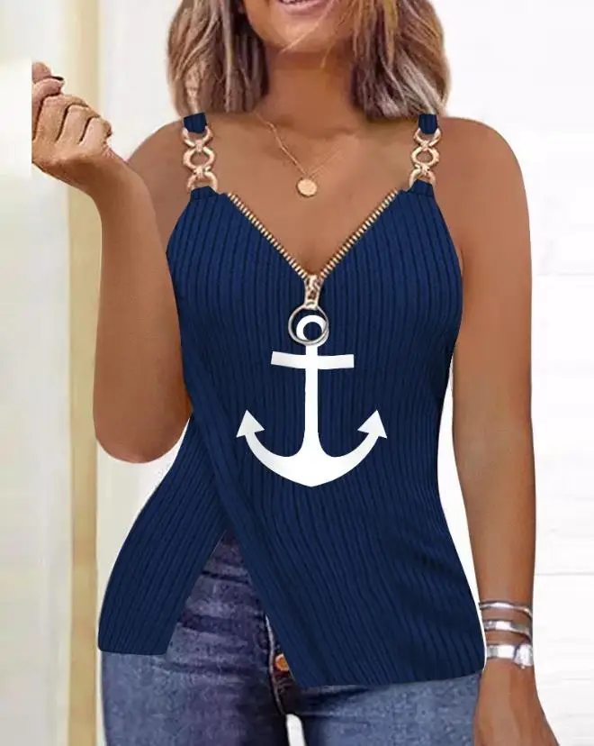 

Top Women 2023 Summer Fashion Anchor Print Chain Decor Zip Detail Casual V-Neck Sleeveless Daily Slit Cami Top Y2K Clothes