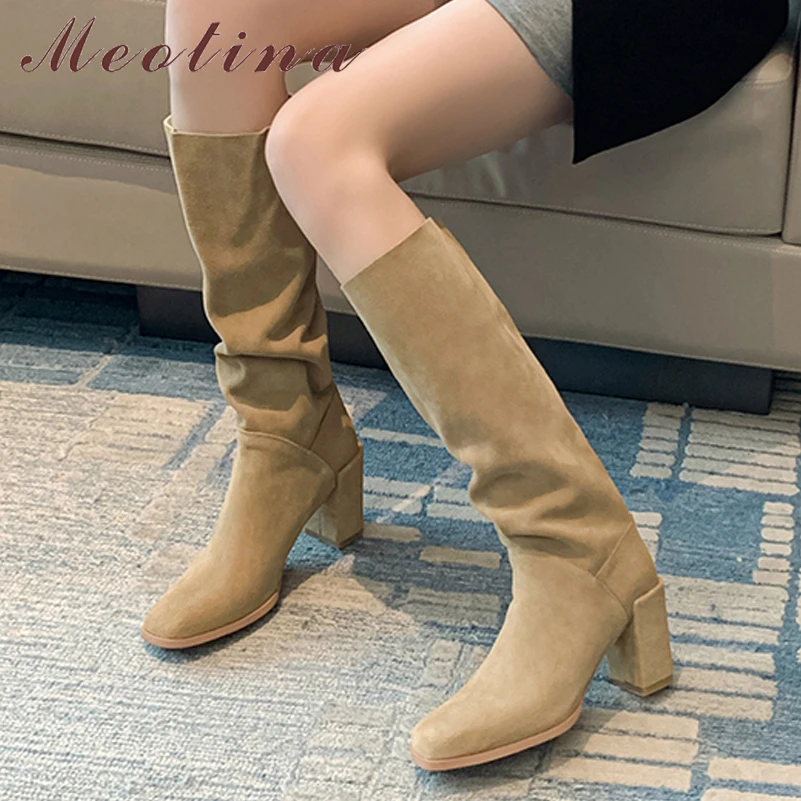 

Женские Плиссированные сапоги до колена Meotina, длинные сапоги из натуральной воловьей замши, с круглым носком, на высоком массивном каблуке, Осень-зима