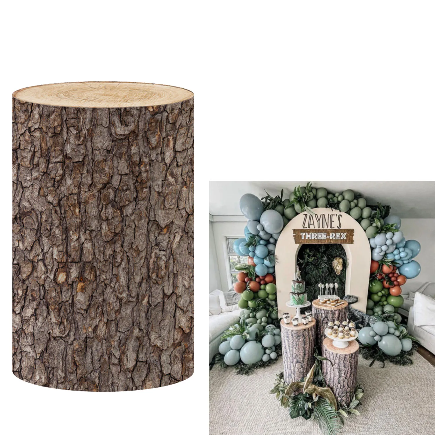 

Cylinder Plinth Cover with Elastic Band Jungle Forest Wood Stump Pedestal Covers Baby Shower Birthday Dessert Cake Table Decor