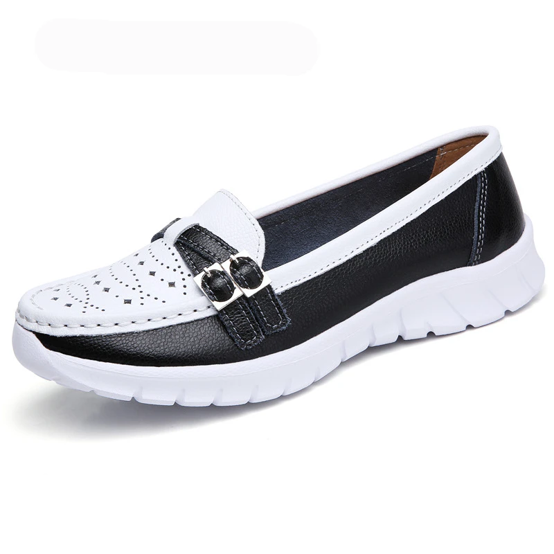 

Plus Size Women Mother Genuine Leather Shoes Black Ladies Flats Moccasin Loafers Slip on Hollow Female White Chaussures De Maman