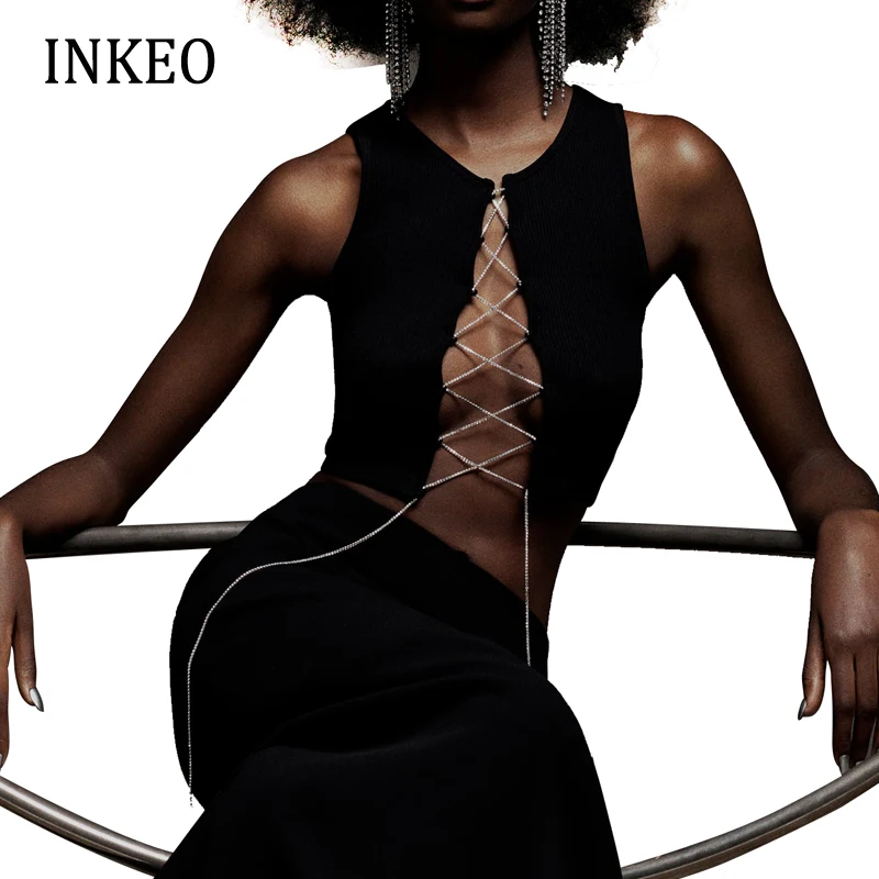 

Женский Укороченный трикотажный топ со стразами, летний сексуальный трикотажный топ черного цвета с кулиской, модель INKEO 2T333, 2023
