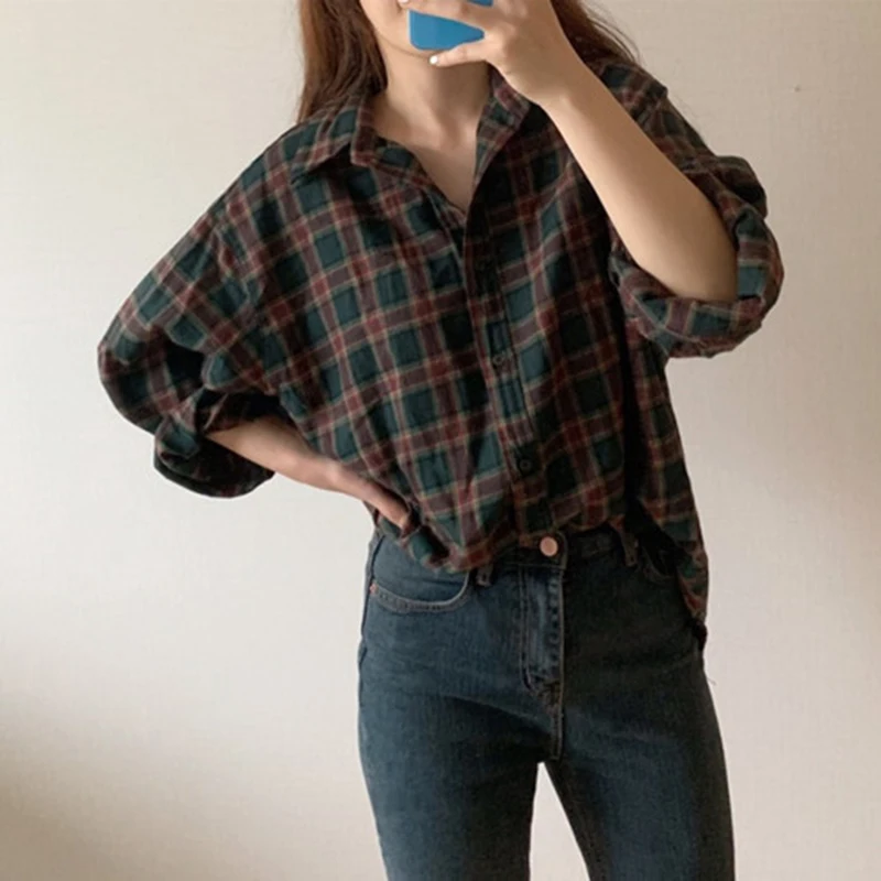 

2020 New Spring Korea Fashion Women Long Sleeve Turn-down Collar Loose Shirts All-matched Casual Vintage Plaid Long Blouse S514