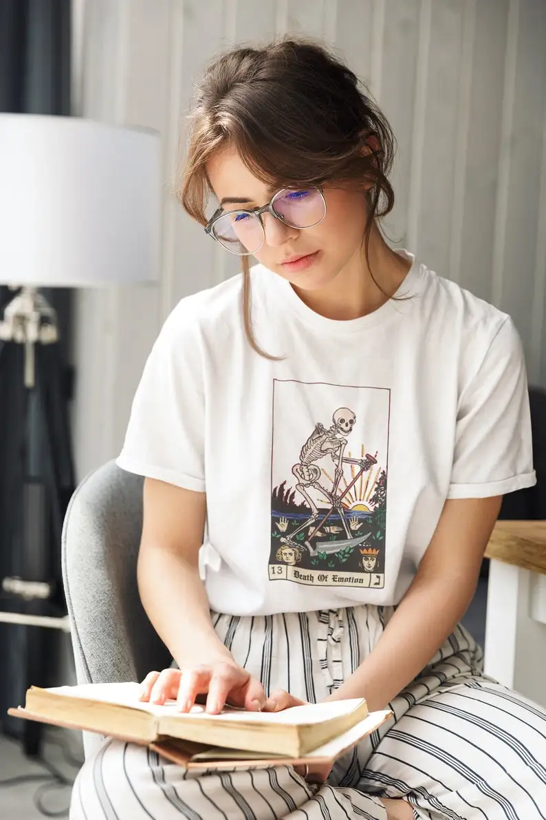 Death Skeleton Tarot Card Skull print Short sleeve t-shirt in custom color creative design cartoon summer simple new trendy top