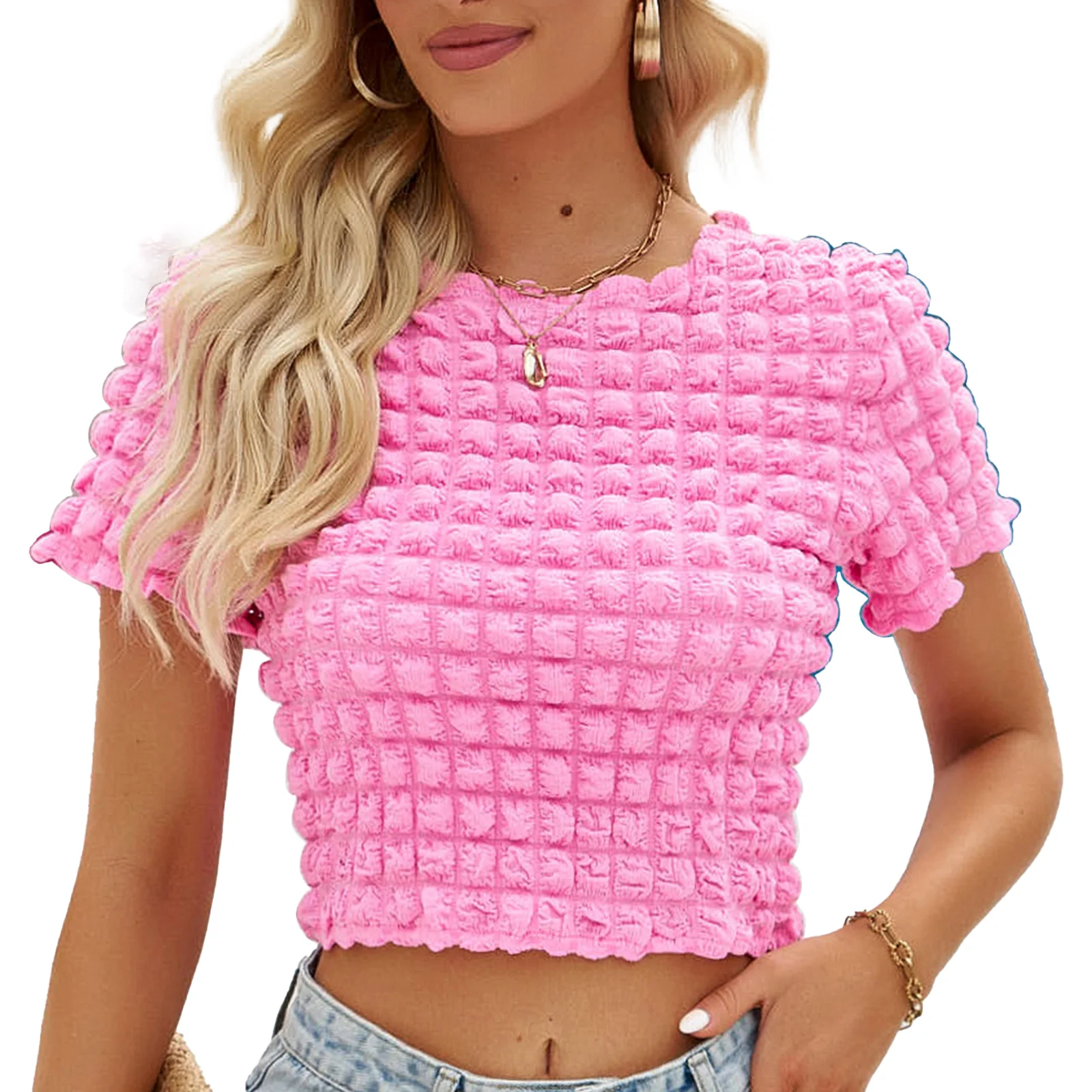 

Футболка женская однотонная, укороченный топ с текстурой попкорна, повседневный однотонный топ с коротким рукавом и круглым вырезом, уличная Клубная одежда