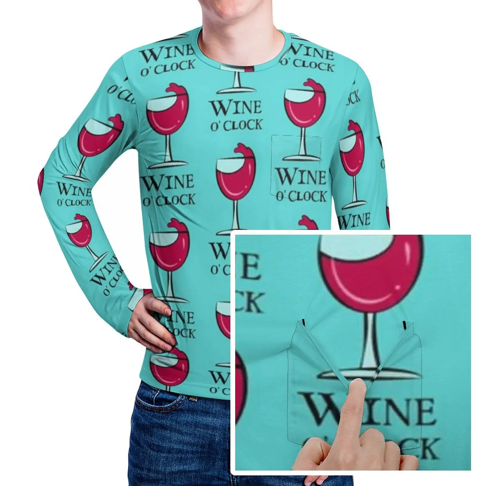 

Футболка мужская с карманом, забавный трендовый топ с принтом красного вина, уличная одежда, одежда на заказ с длинным рукавом, большие размеры