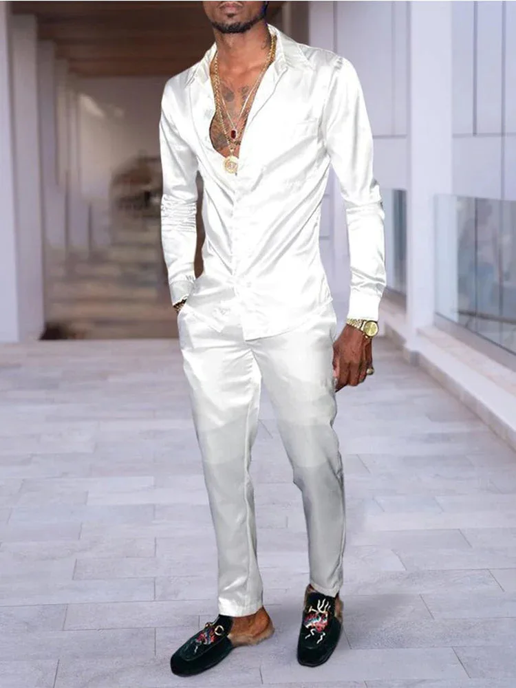 Spring Autumn Men's Shirt With Trousers Coconut Trees 3D Print Harajuku Two-Piece Set Same color Casual Entertainment Tracksuit