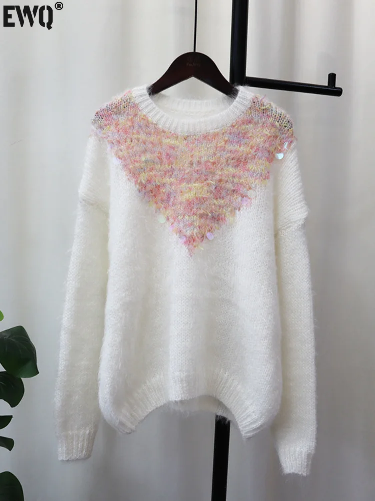 

EWQ Sequins Contrast Sweet Women Sweater Long Sleeve Loose Fashion White Pullovers Knitwear Top 2023 Autumn New Tide Knit Tops