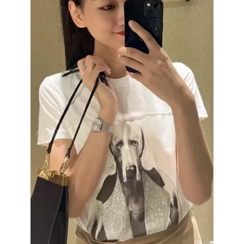 

Women T-shirt Spring and Summer New Hand-iron Diamond Dog Print Cotton T-shirt