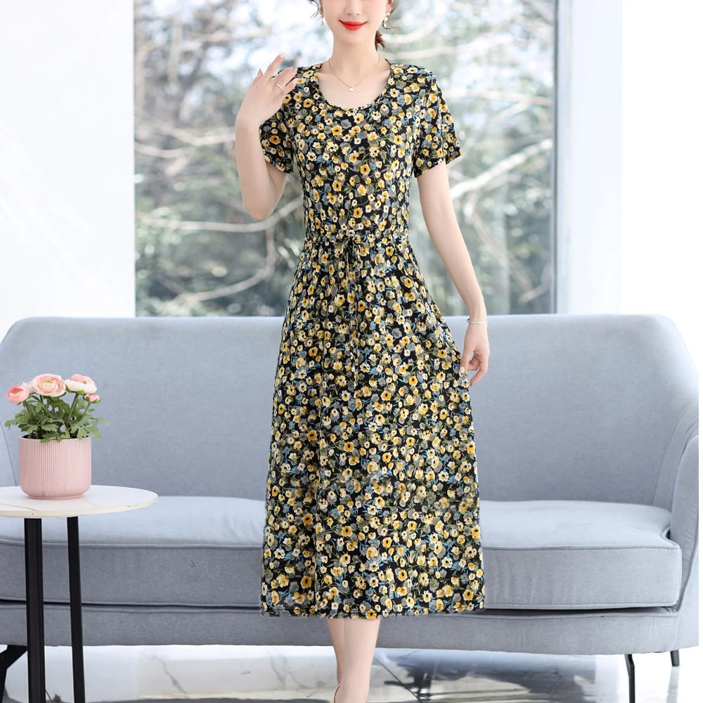 

New Causal Fashion Summer Dresses For Women Clothes 2023 Print Flowers Vintage Elegant O-Neck Long Dress Women Clothing