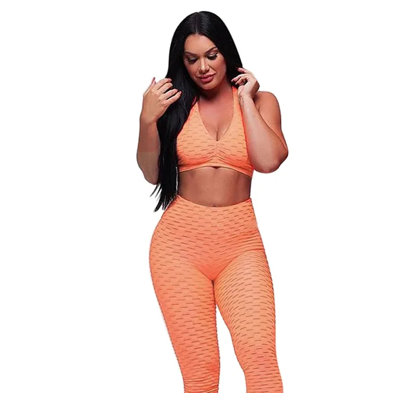 

Two-Piece Set Women Fitness Hip-lifting Tight Gym Trousers Beautiful Buttocks Yoga Pants Jacquard Bra Suit Female Athletic Wear