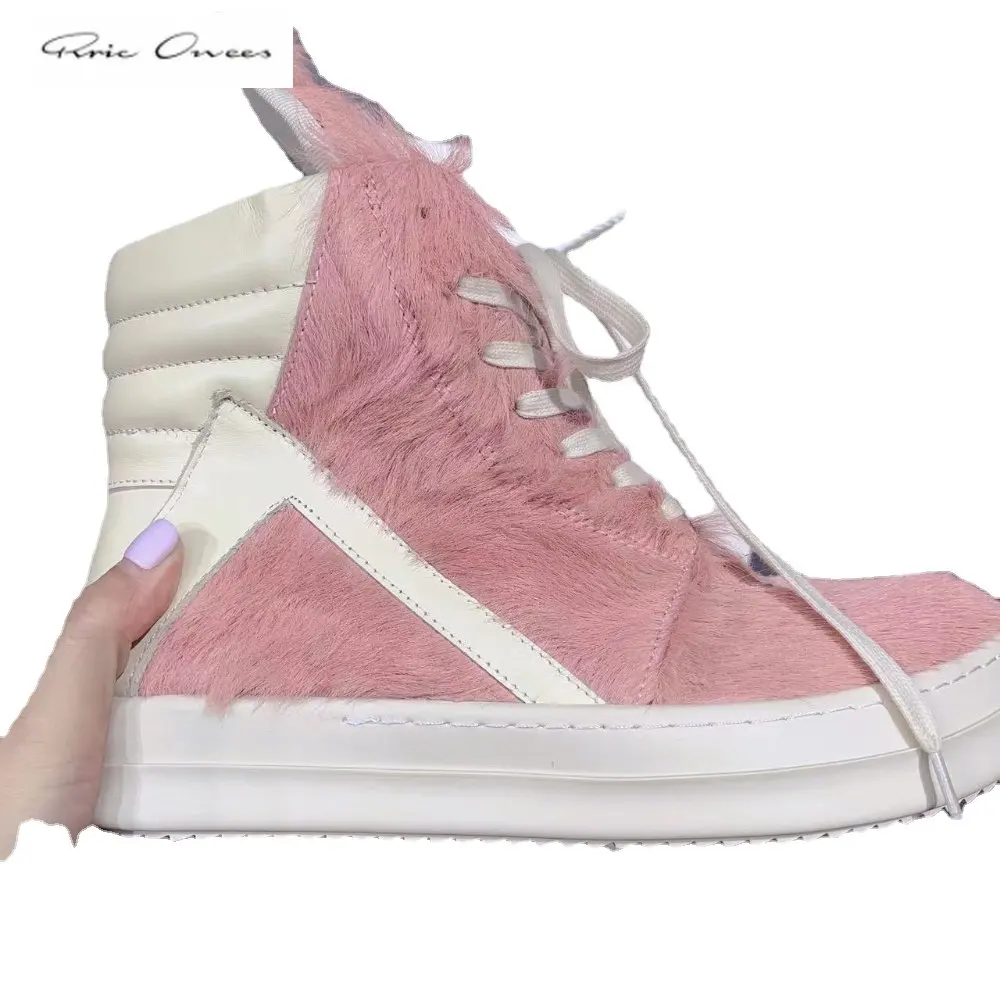 

Высокие ботинки Rick Owens, спортивная обувь для мужчин и женщин, для влюбленных, розовые, черные, конский волос, кожаные повседневные ботинки, му...