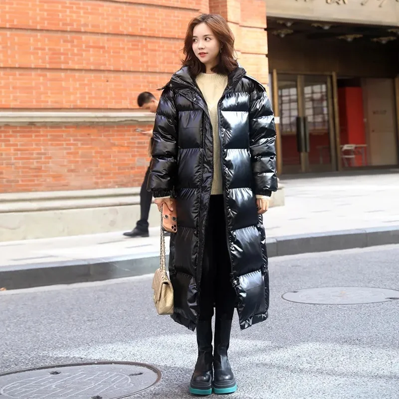 Down Padded Jacket Women's Winter 2022 New Korean Version Of The Loose Shiny Long Coat Thick Warm Solid Color Parkas Female