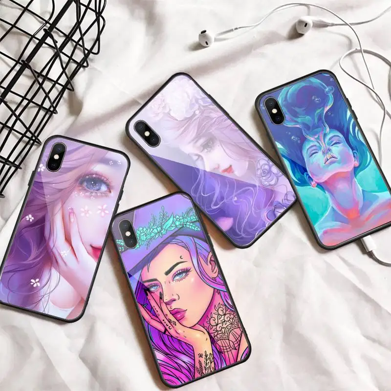 

Cartoon Color Beautiful Girl Phone Case Tempered glass For iphone 11 12 13 PRO MAX mini 6 7 8 plus X XS XR