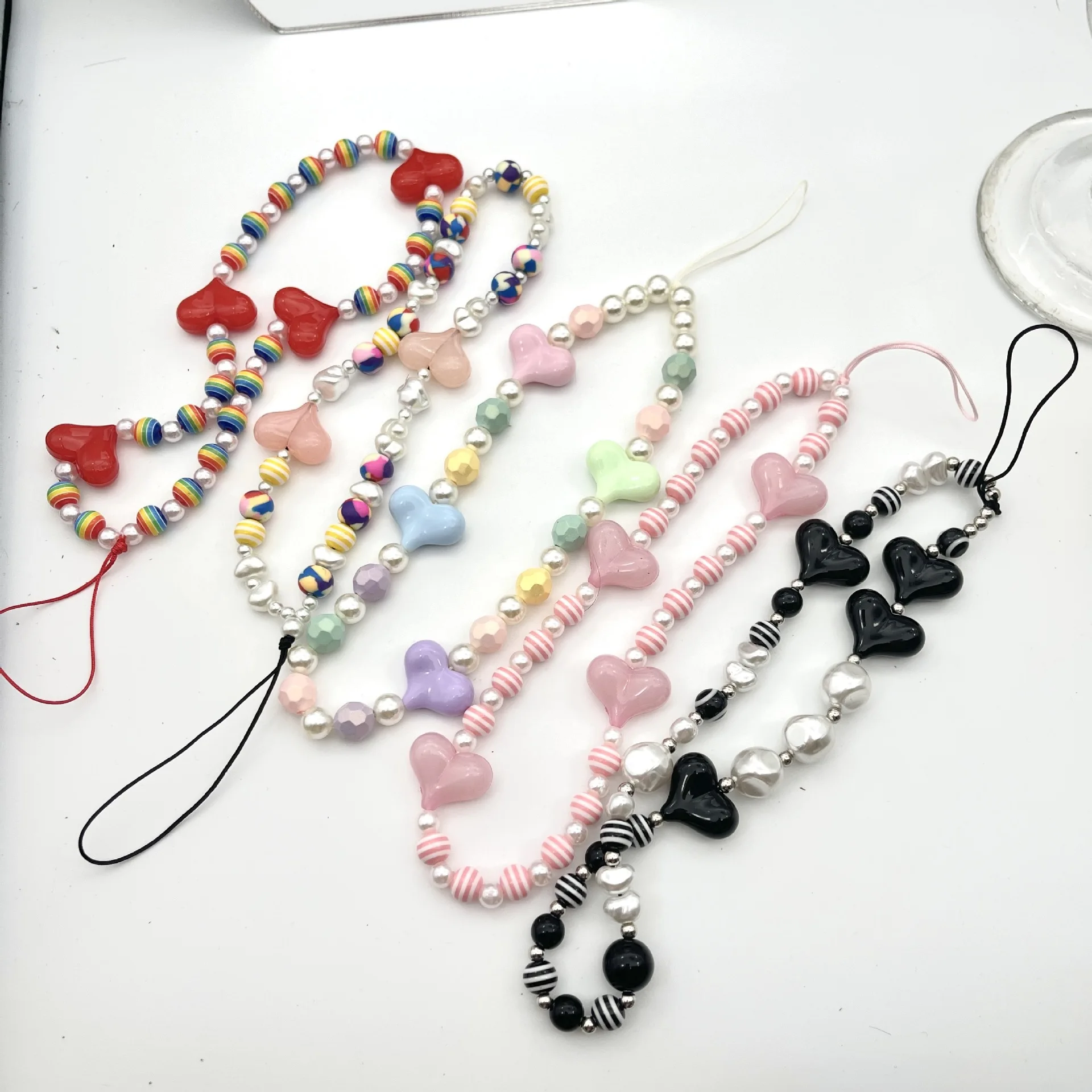 

Wristlet Keychain Multicolor Resin Heart Bowknot Mobile Phone Chains Women Girls Jewelry Strap Beaded Lanyard Bag Ornaments