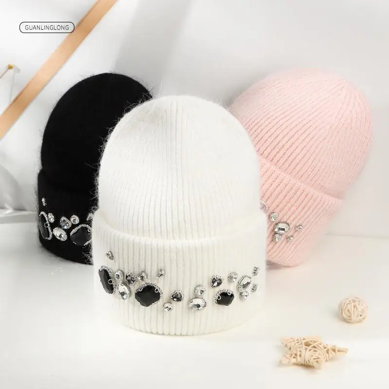 

Женская зимняя вязаная шапка из кроличьего меха, оригинальный дизайн, яркий бриллиант, С Круглым Верхом, утолщенная теплая шапка, 2023