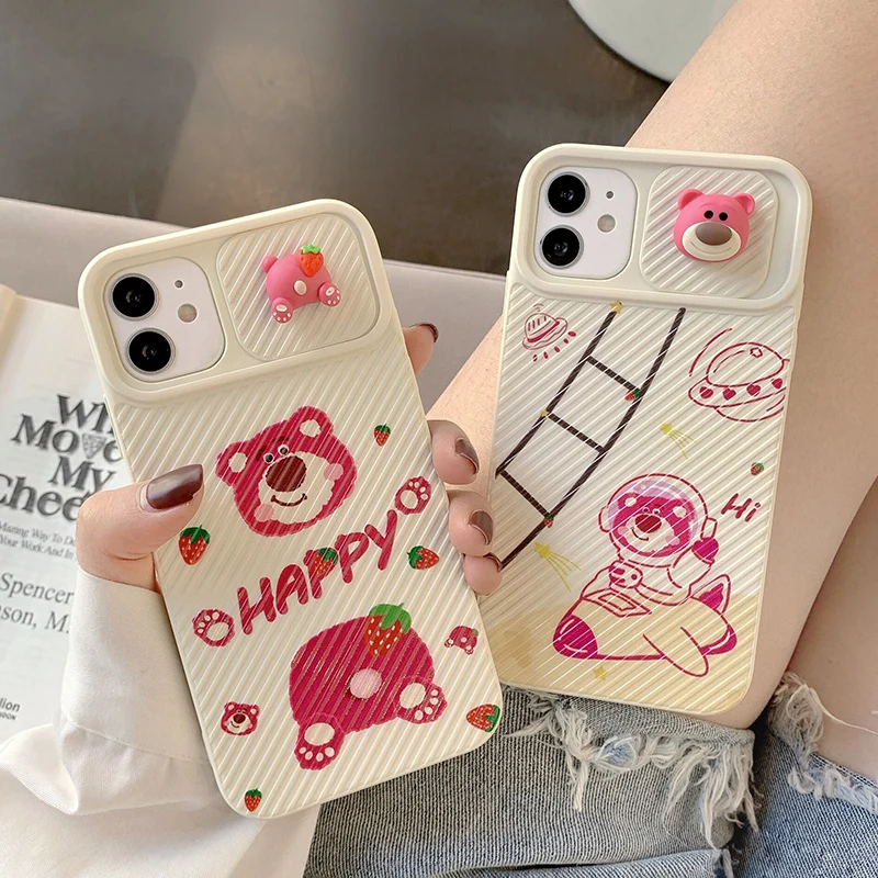 

Disney Lotso Strawberry Bear Cute Phone Case For iPhone 13 12 11 Pro Max X XR XS Max 7 8 Plus SE Shockproof Soft Leather Cover